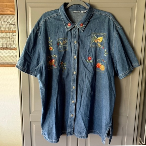Bobbie Brooks Fall Embroidered Short Sleeve Button Up Denim Shirt, Blue, 22W/24W - Picture 1 of 10
